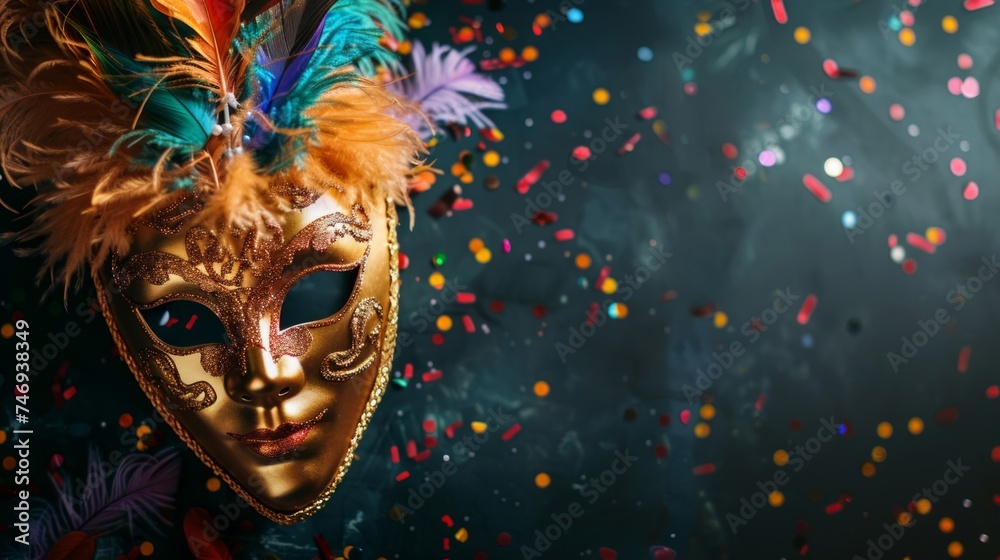 A decorative Venetian mask adorned with colorful feathers and gold detailing, surrounded by festive confetti.