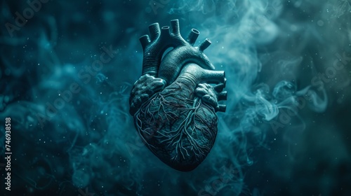 A realistic human heart model enveloped in mystical blue smoke against a dark background.