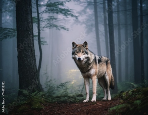 A wolf in the light night forest with mystery fog