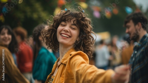 Happy young woman with curly hair enjoying herself at an outdoor music festival, surrounded by friends. © tashechka