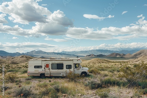 An old, weathered RV sits alone in a vast desert, surrounded by a serene and rugged landscape under a cloudy sky.