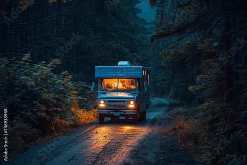 An RV illuminates a forest path at dusk, creating a cozy atmosphere for a night of travel and exploration.