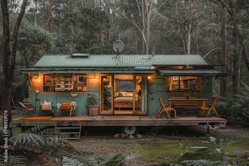 A charming tiny house with a welcoming deck stands amidst a lush forest, offering a peaceful retreat in nature.