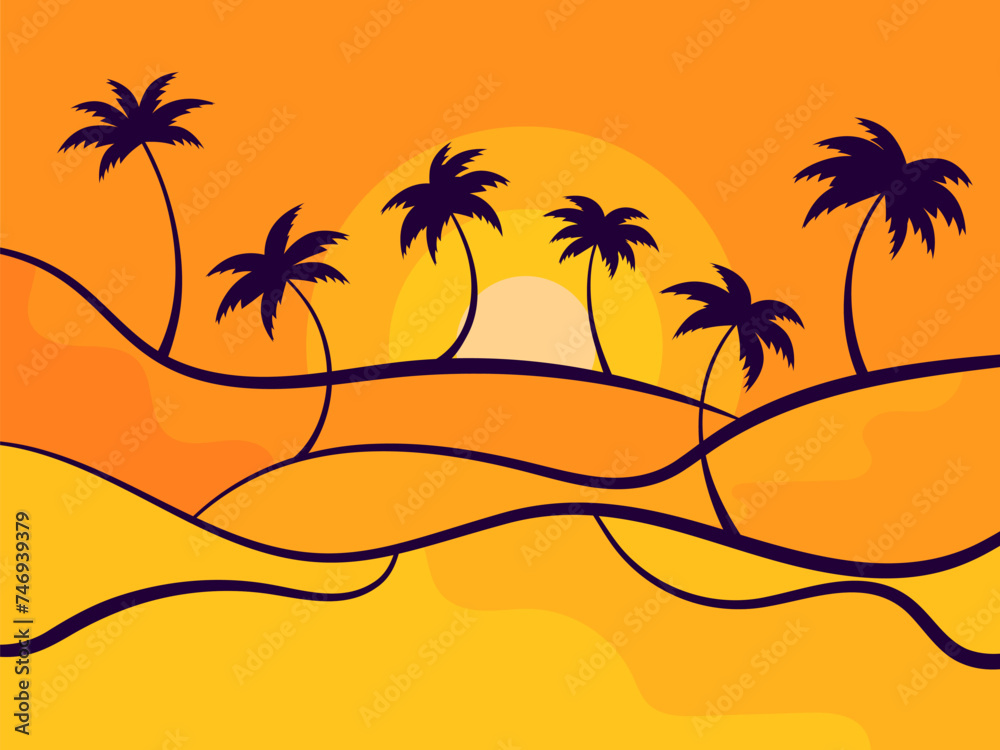 Tropical landscape with palm trees at sunset in a minimalistic style. Linear wavy landscape with palm trees. Design of advertising brochures, banners, posters and travel agencies. Vector illustration