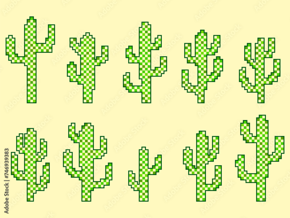 Pixel cactus icon set. Cacti in pixel art style, 8-bit graphics in the style of the 90s. Retro design for printing, wrapping paper and advertising. Vector illustration Pixel cactus icon set. Cacti in pixel art style, 8-bit graphics in the style of the 90s. Retro design for printing, wrapping paper and advertising. Vector illustration
