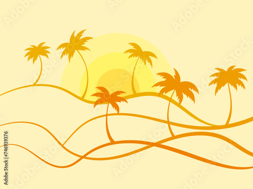 Tropical landscape with palm trees at sunset in a minimalistic style. Linear wavy landscape with palm trees. Design of advertising brochures  banners  posters and travel agencies. Vector illustration