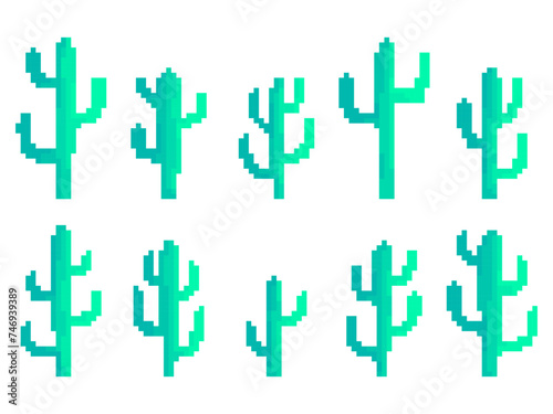 Pixel cactus icon set isolated on white background. Cacti in pixel art style, 8-bit graphics in the style of the 90s. Retro design for printing, wrapping paper and advertising. Vector illustration