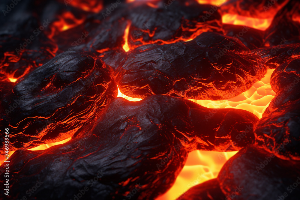 Hot lava stone cracks in the earth. Texture of the flow of volcanic magma with black frozen pieces. Lava from volcanic eruptions. Generative AI. Hot lava stone cracks in the earth. Texture of the flow of volcanic magma with black frozen pieces. Lava from volcanic eruptions. Generative AI.