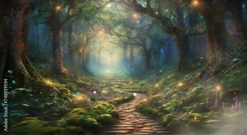 The background of the video animation, a forest path in the morning with sunlight filtering through the leaves of the trees. A fantasy world forest full of trees and beautiful butterflies