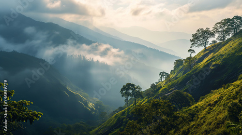 Morning mountain landscape with clouds and alpine panorama. Morning mist  breathtaking natural scenery Travel and tourism concept images  refreshing and relaxing nature images