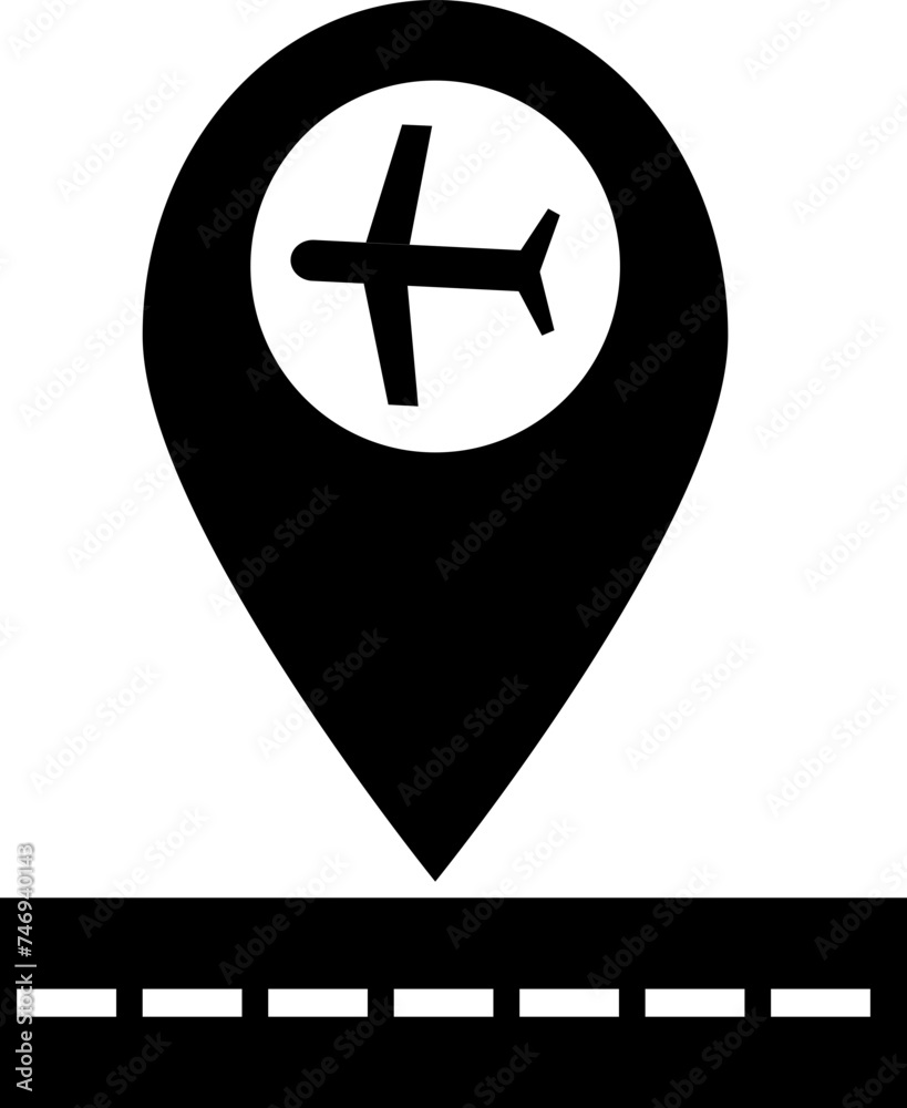 B&W map pointer with airplane icon.