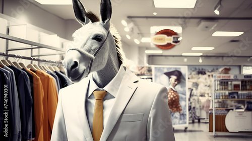 donkey in business professional suit near the wardrobe where lots of colourful suits in the backdrop photo