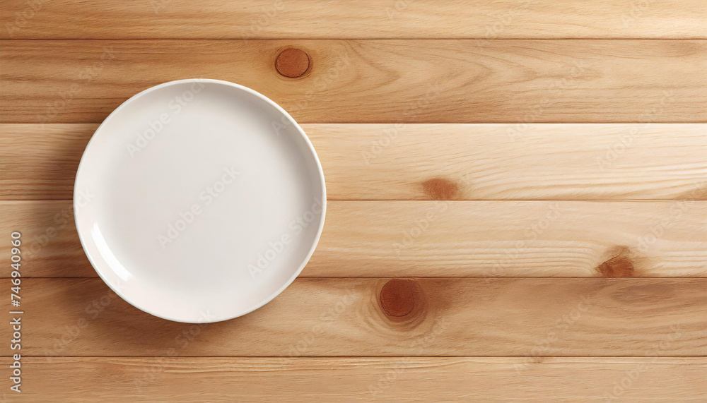 Simple and elegant background of an empty light brown wooden surface with a empty round white plate on it, suitable for food, kitchen, or dining themes Simple and elegant background of an empty light brown wooden surface with a empty round white plate on it, suitable for food, kitchen, or dining themes