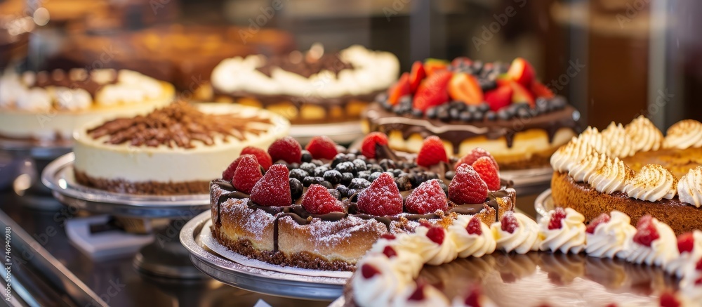 Delicious Array of Cakes and Pastries on Display at a Vibrant Bakery Shop