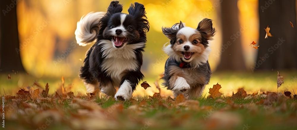 Obraz premium A couple of small black and brown dogs are joyfully running through the forest, surrounded by autumn foliage and tall trees. The pets playfully leap over fallen branches, their fur blending with the
