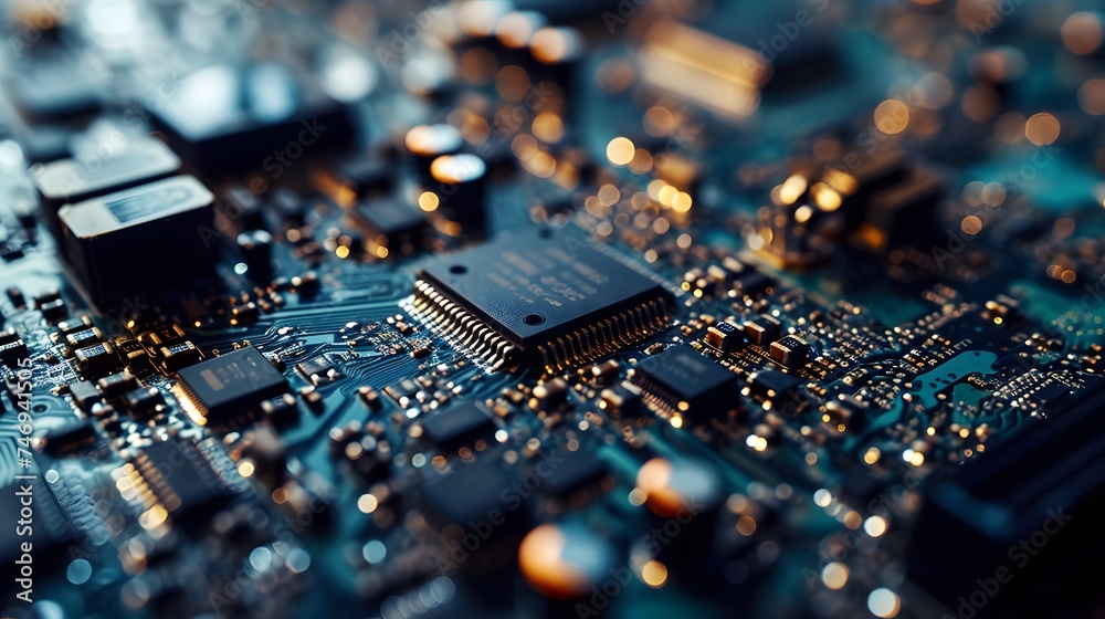 Circuit board. Electronic computer hardware technology. Motherboard digital chip. Tech science background. Integrated communication processor. Information engineering component. - obrazy, fototapety, plakaty 