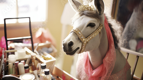 Dressing Room a Donkey Standing Proudly with lots of beauty products on bokeh background