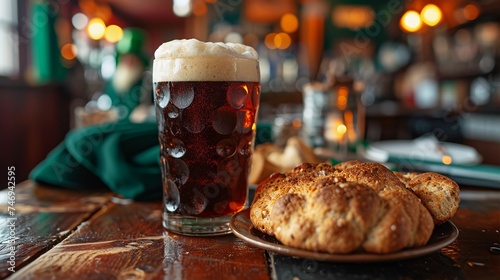 Pint of Irish stout beer with a perfect foam head and a plate of traditional Irish soda bread. Irish pub with St. Patrick s Day decor. Wide format banner. AI Generated