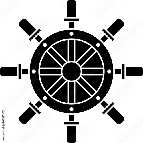 Ship steering or helm icon in b&w color.