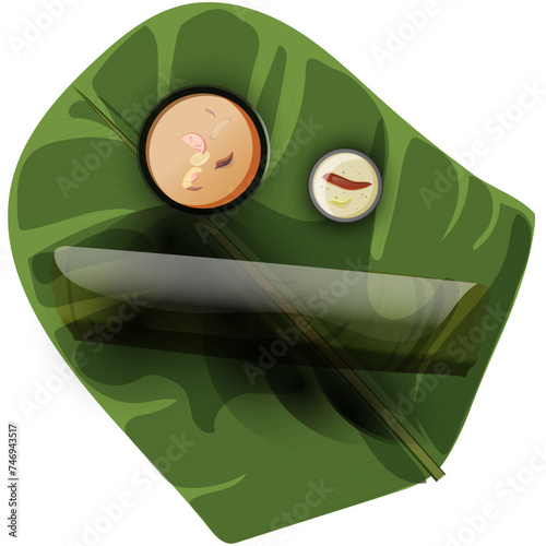Dosa with sambhars in bowl on banana leaf.