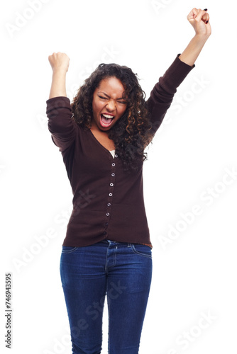 Shouting, smile and woman with celebration, excited and emoji isolated on white studio background. Person, model and winner with victory and prize with expression and girl with wow, omg or cheerful