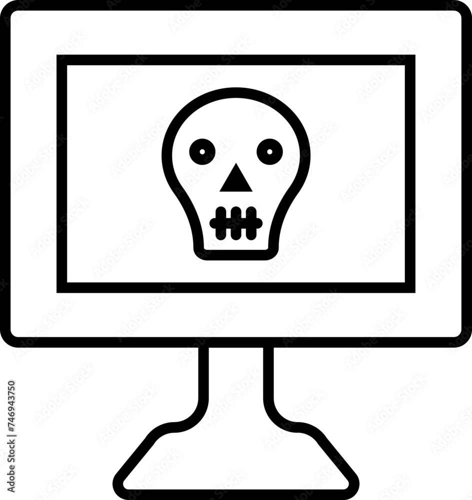 Skull symbol on computer screen in black line art. Skull symbol on computer screen in black line art.