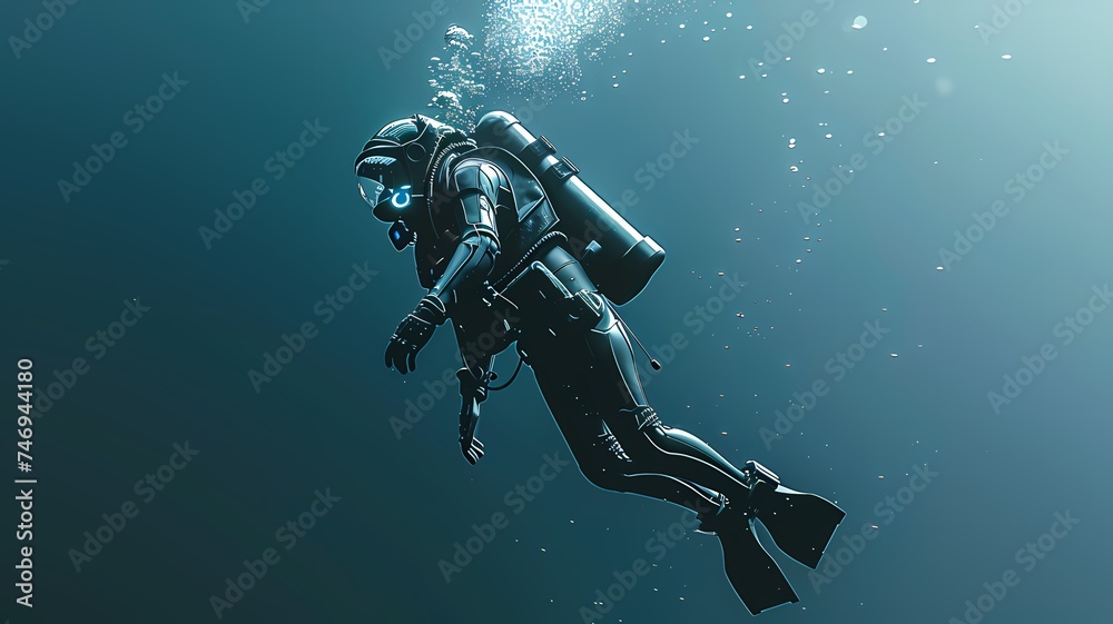 Futuristic diver floating
