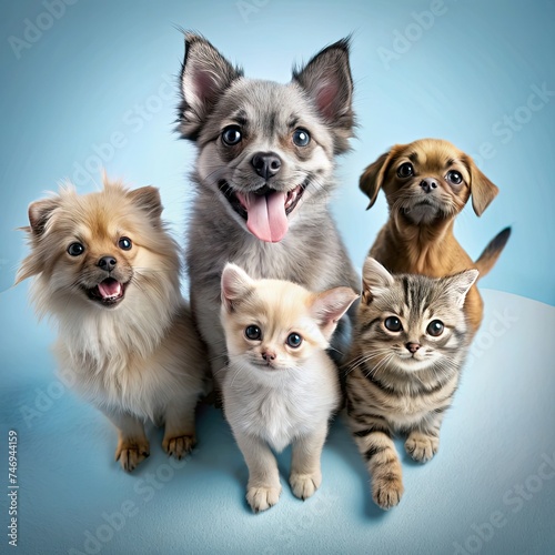 Funny Gray Kittens and Happy Dogs: An Unforgettable Encounter on a Stylish Blue Backdrop © Viktoryia