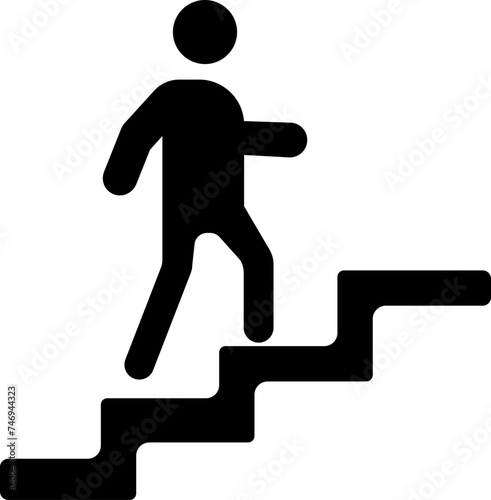 Man climbing stairs for suceess and growth concept, b&w icon.