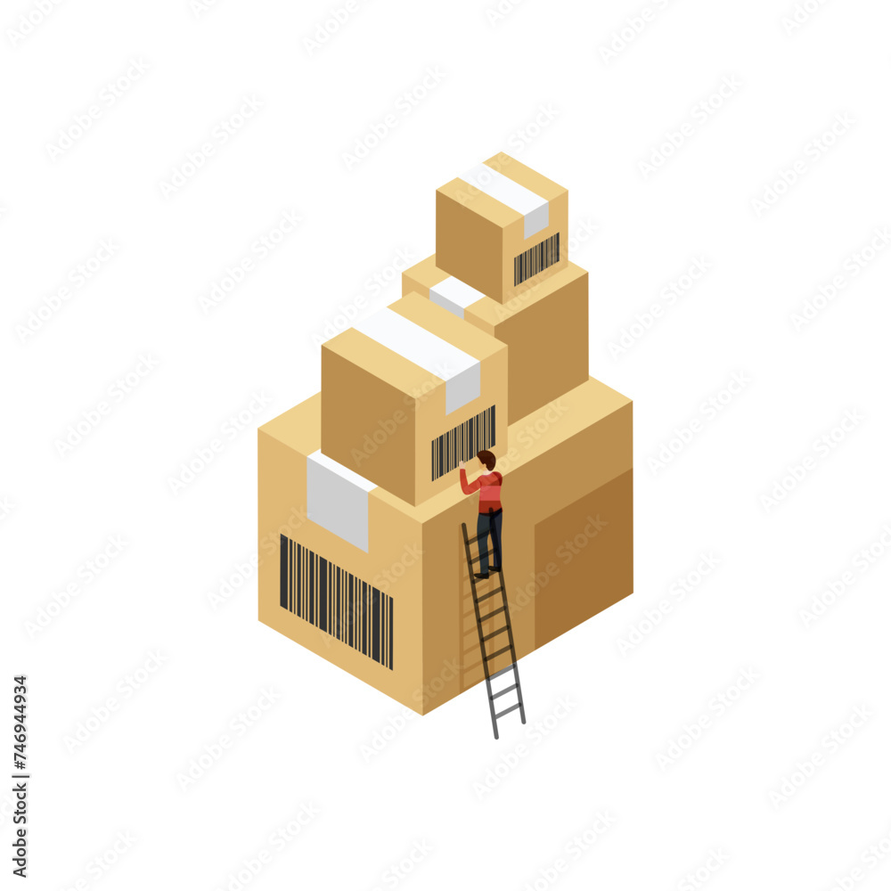 Fototapeta premium Character of man climbing by ladder on boxes.