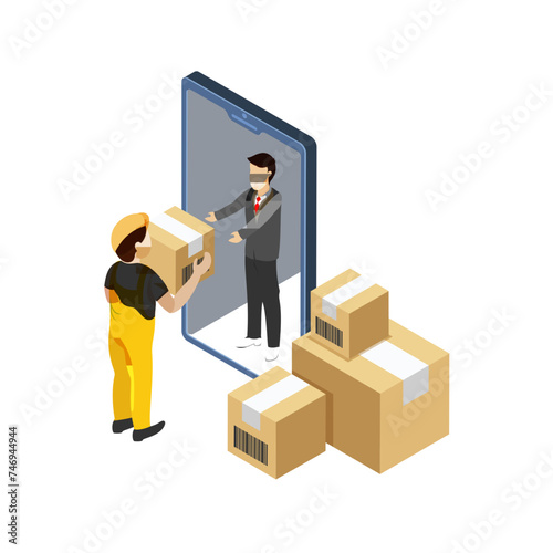 Delivery boy giving box of man standing in smartphone.