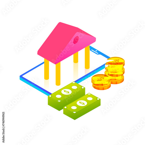 Stack of coins, money and bank symbol on smartphone.
