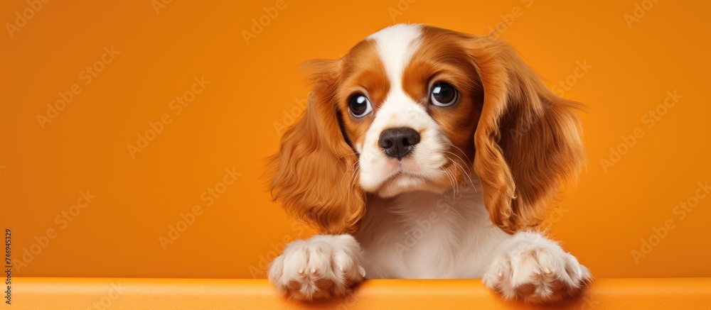 A brown and white Cavalier King Charles Spaniel puppy is sitting on top of a yellow couch against an isolated orange background.