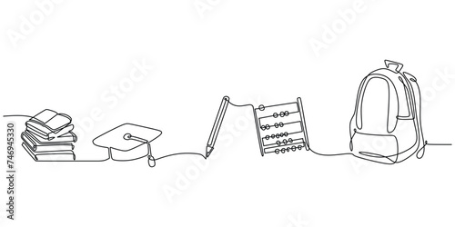 Education continuous one line drawing. Set of books, academic cap, pen, abacus, and study bag. Vector illustration minimalist back to school concept.