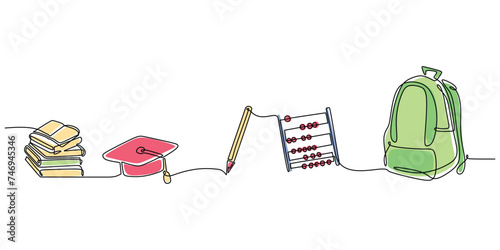 Education continuous one line drawing. Colorful Set of books, academic cap, pen, abacus, and study bag. Vector illustration minimalist back to school concept.