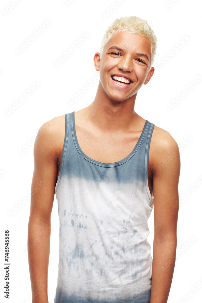 Fashion, clothes and portrait for young man in studio on white background. Model, teen or gen z and smiling with vest and blond hair while isolated for edgy, cool and trendy apparel for style Fashion, clothes and portrait for young man in studio on white background. Model, teen or gen z and smiling with vest and blond hair while isolated for edgy, cool and trendy apparel for style