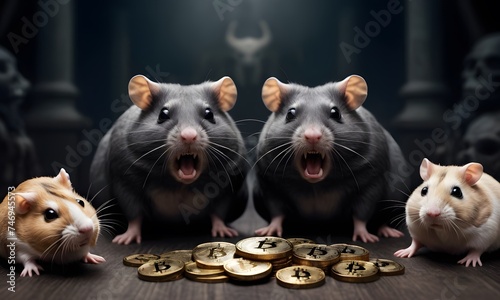 A quartet of hamsters vocalizes fiercely around a cache of Bitcoins, as if engaged in a serious financial debate. The dark atmosphere lends a dramatic tone to this whimsical scene. AI Generative photo