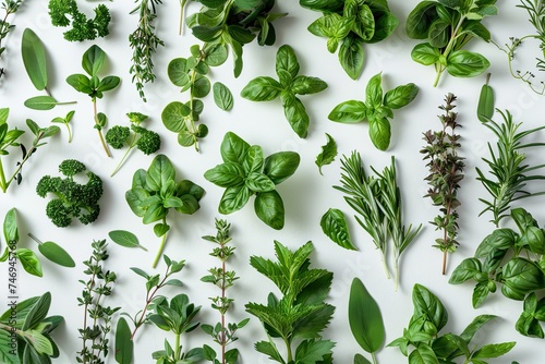 "Assortment of fresh culinary herbs on white surface. Creative flat lay composition with copy space. Herbal cooking concept for design and print."