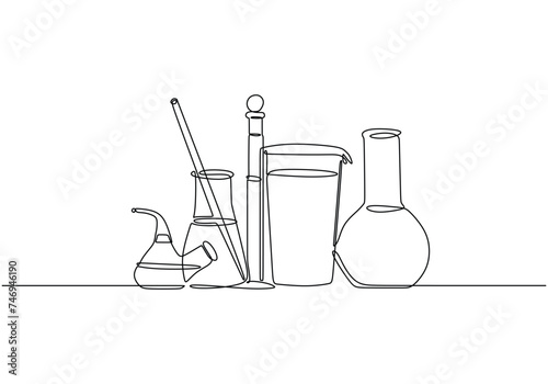 Lab experiment tools in continuous single one line art drawing. Minimalist glassware for laboratory research. Hand drawn vector illustration education and science concept.