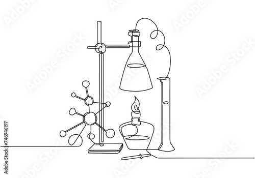 Chemical reaction in laboratory. Continuous one line art drawing of flask with tube.
