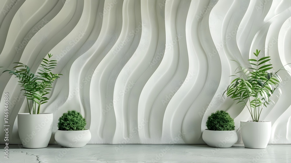 Elegant White Wave Wall with Green Potted Plants: Modern Interior Design