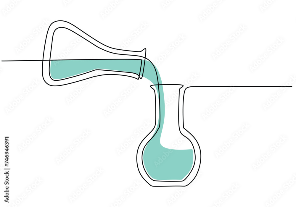 Chemical reaction with flask glass. Continuous one line drawing of chemistry laboratory tools. Wet research concept. Chemical reaction with flask glass. Continuous one line drawing of chemistry laboratory tools. Wet research concept.