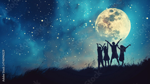 Silhouette of group of children with starry sky background. © ikkilostd