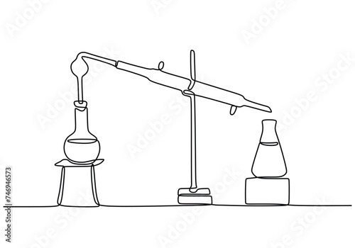 Continuous line drawing of distillation. One hand drawn outline chemical laboratory research and reaction.