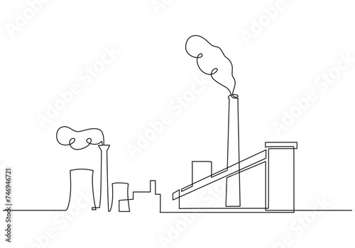 Continuous one line drawing industrial plant outline. Factory architecture buildings and landmark. Air pollution ecology concept.