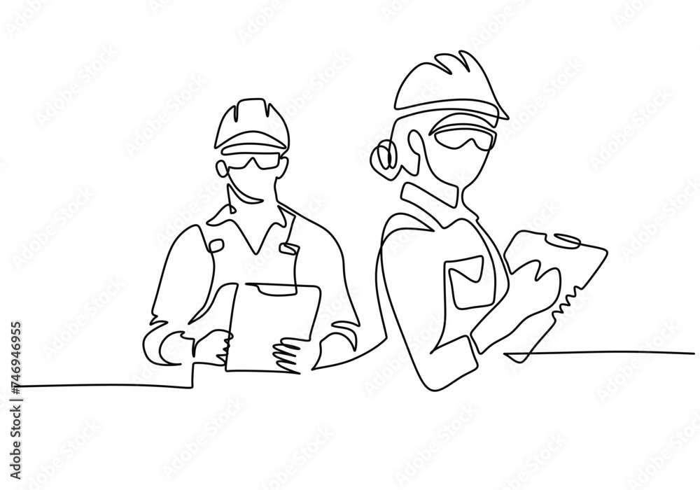Workers with helmet in continuous single line art drawing. Construction industrial worker concept. Man and woman standing with paper. Workers with helmet in continuous single line art drawing. Construction industrial worker concept. Man and woman standing with paper.