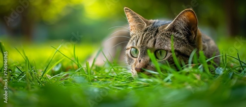 Graceful feline resting in lush green grass - peaceful cat in nature