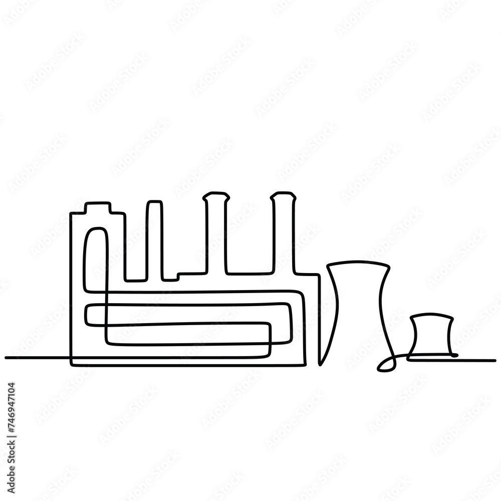 Continuous one line drawing industrial plant outline. Factory architecture buildings and landmark. Air pollution ecology concept.