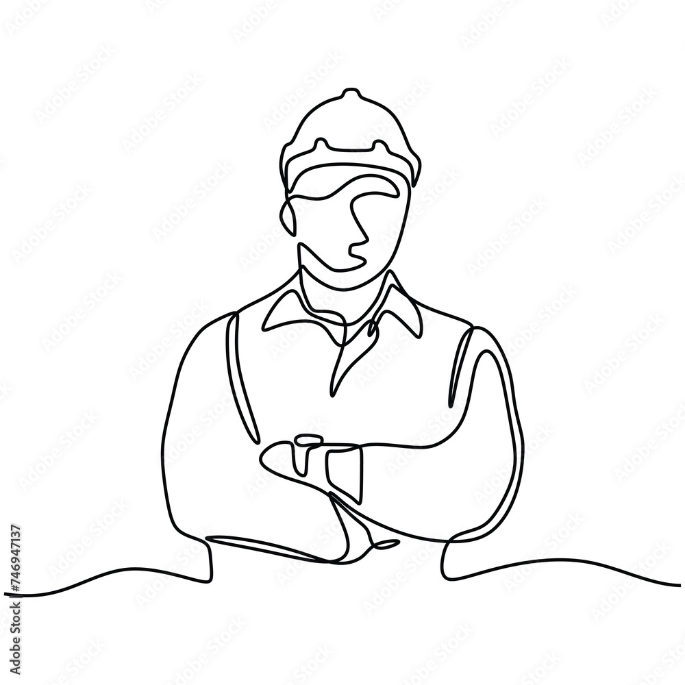 Male worker in continuous one line drawing. Man with industrial uniform. Simple vector illustration editable stroke.