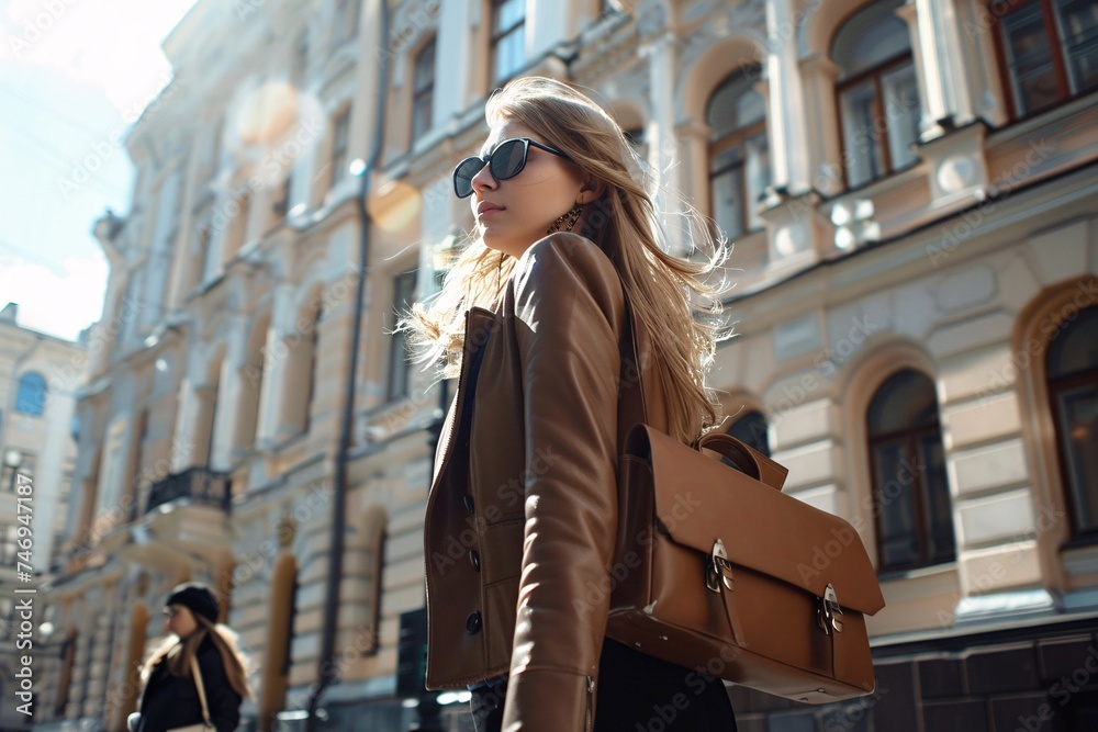 portrait of business woman wearing casual work clothes and carrying briefcase in the city, happy business woman smiling and looking at camera. ai generative